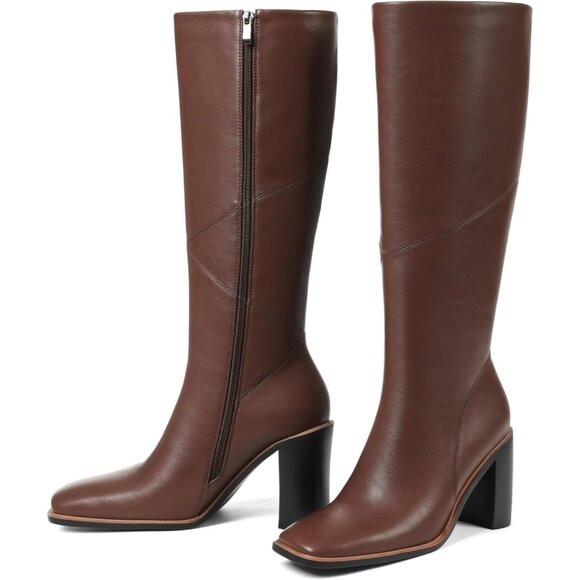 Women’s Polyurethane Brown Square Toe Chunky Block Heel Leather Zip Up Boot - Picture 1 of 7